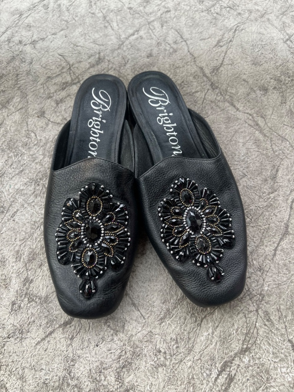 Brighton Prism Black Leather Beaded Jeweled Mule Slides Size 9 Slip On